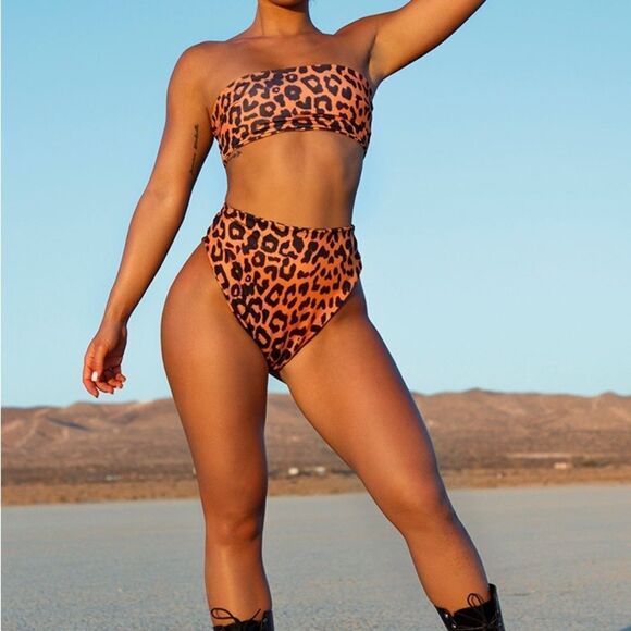 Pretty little Things Orange Cheetah Print High Waisted High Leg Bikini - Picture 1 of 7